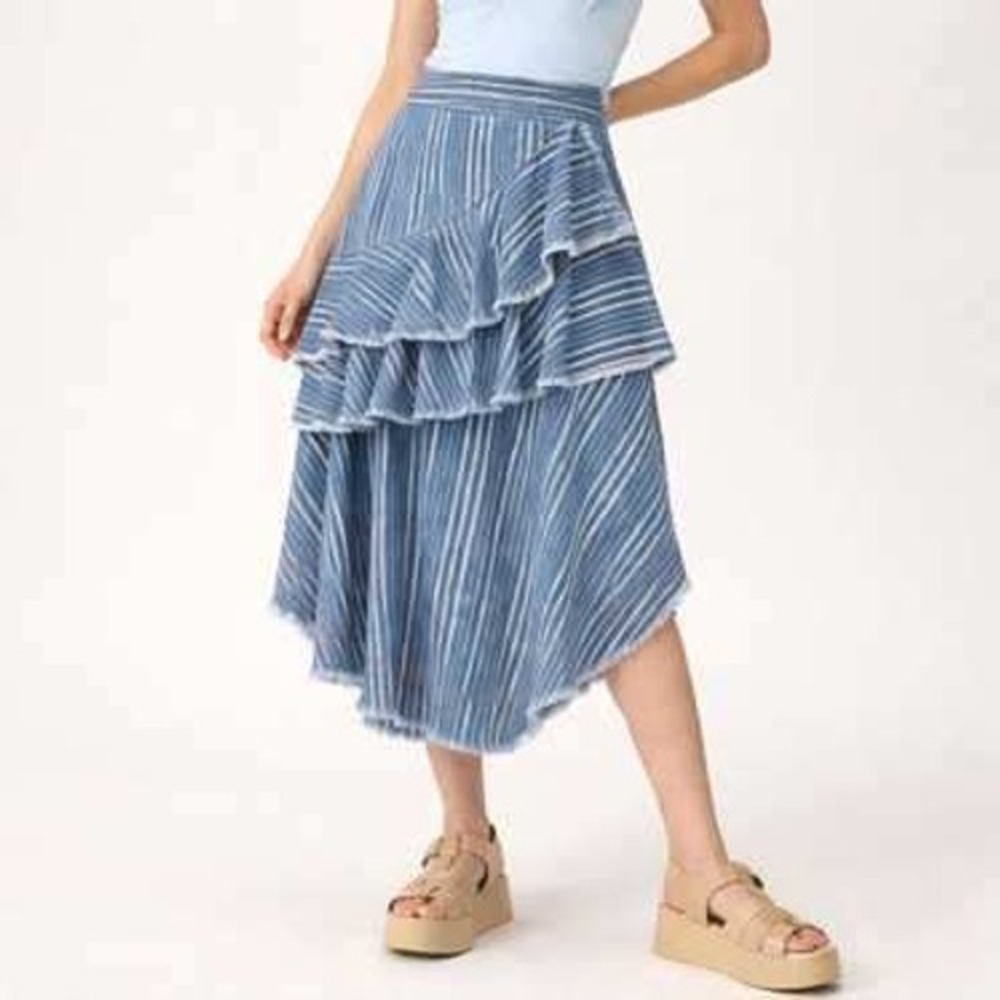 Pilcro Anthropologie Striped Ruffle Asymmetrical Denim Midi Skirt Blue 4 NWT